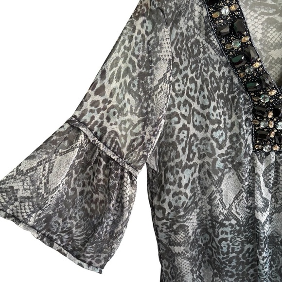 Embellished Animal Print Sheer Tunic Top Women’s Size XL Boho Peasant Dressy - Picture 4 of 16
